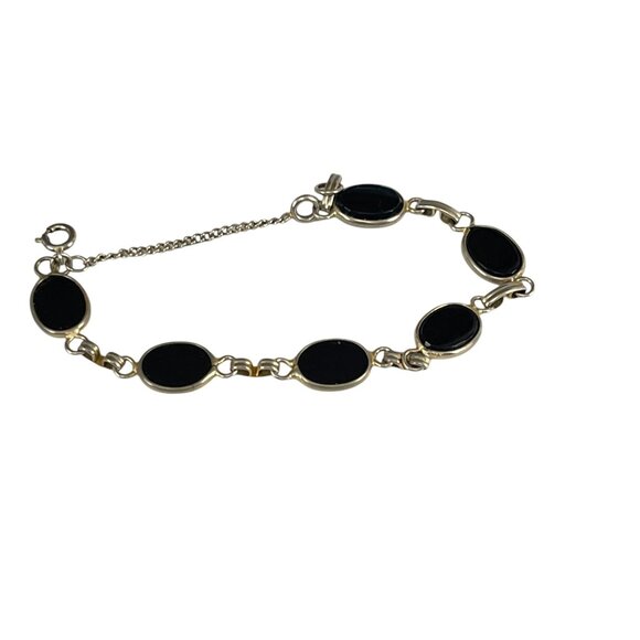 Elegant Gold & Black Onyx Oval Link Bracelet With Safety Chain - Picture 4 of 8